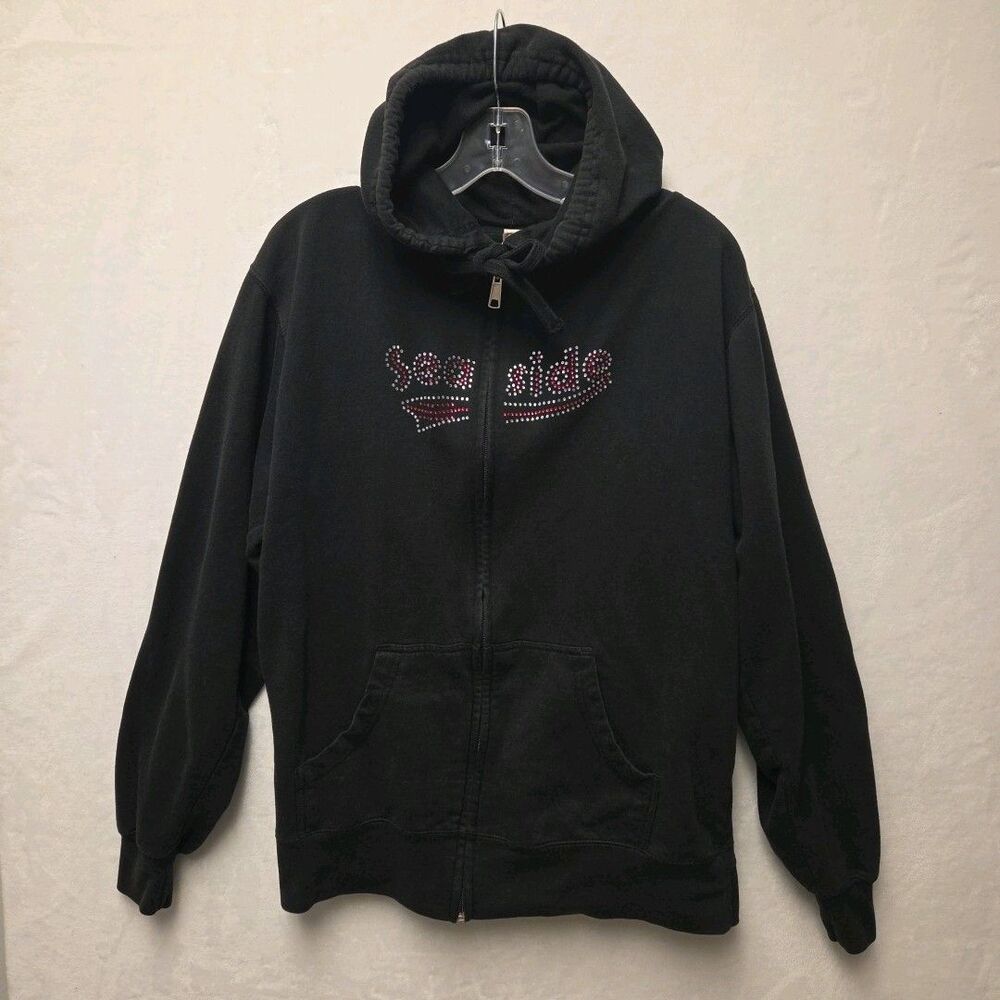 Seaside Sweatshirt Womens Black Preppy Full Zip Hoodie Size XL Light Weight